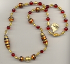 Vintage, Murano Glass, Red and Black Stripe, 24 Kt Gold, Red Bead Necklace